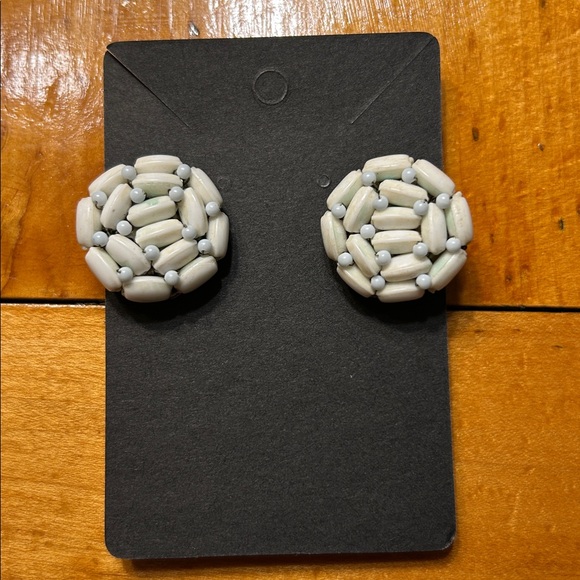 Jewelry - Vintage White Light Blue Beaded Clip-On Earrings Japan 1960s